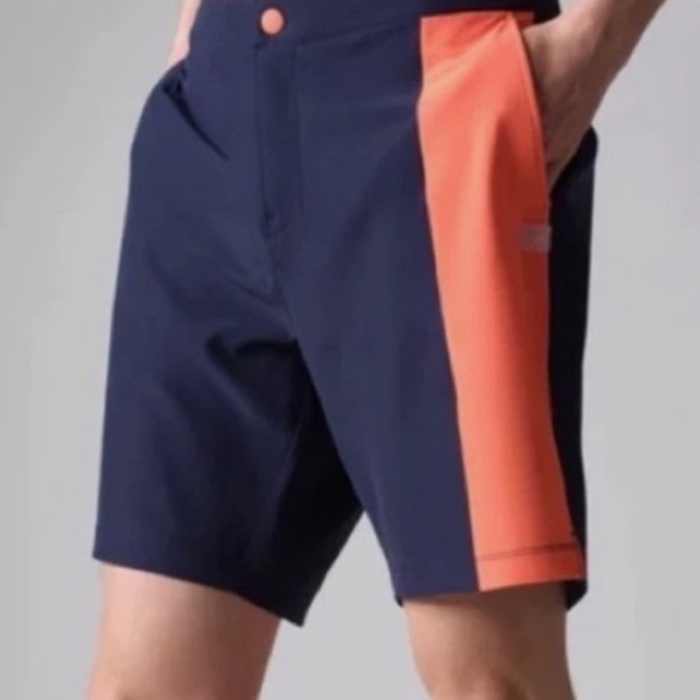 New Rhone Barrier Swim Short Navy Blue Orange Stripe Medium (*6”) 8” Inseam* NWT